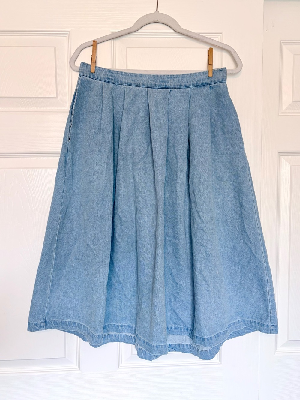 Light Blue Denim A-Line Midi Skirt — **Runs Large**